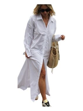 White Button-Front Maxi Shirt Dress 100% Cotton
